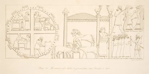 Das Innere einer Burg (ein Grundriss) und Pavillon oder Zelt, aus Denkmäler von Ninive, veröffentlicht 1849