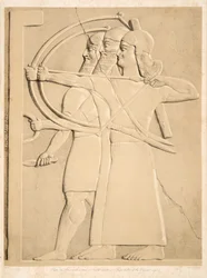 Zwei Bogenschützen und ein Schildträger, aus Denkmäler von Ninive, veröffentlicht 1849