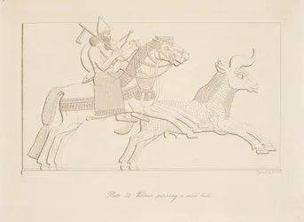 Krieger verfolgt einen wilden Stier, aus Denkmäler von Ninive, veröffentlicht 1849
