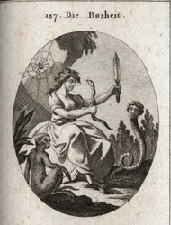 Allegorie der Bosheit. Sie sieht glücklich aus mit einem Aspik und einem Dolch. Ihre Attribute sind die Schlange mit einem menschlichen Gesicht, die Betrug wünscht, der Affe, der das Emblem der Bosheit ist, und die Spinne, die auf Fallen hinweist.