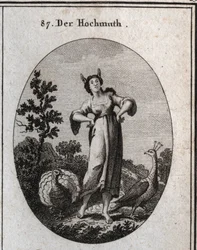 Allegorie der Arroganz. Seine Eselsohren kennzeichnen die Unwissenheit, und seine Haltung deutet seinen Stolz an. Der Pfau ist ein Symbol des Stolzes, und der ein Rad schlagende Truthahn steht für Dummheit. Stich in „Iconologie oder Ideen aus dem Gebiete