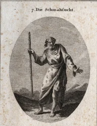 Allegorie des Tadels, dargestellt durch Momus, den Gott der Satire und Rüge, als alten Mann, der spricht und die Erde schlägt. Seine Kleidung ist mit Ohren, Augen und Zungen übersät. Gravur in "Iconologie oder Ideen aus dem Gebiete der Leidenschaften und A