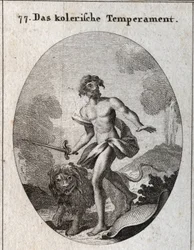 Allegorie des cholerischen Temperaments. Er hält ein Schwert zum Angriff und hat gerade seinen Schild weggeworfen, ohne sich zu verteidigen. Sein Attribut ist ein bedrohlicher Löwe. Gravur in "Iconologie oder Ideen aus dem Gebiete der Leidenschaften und Al