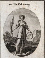 Allegorie der Konservierung. Der Zedernzweig ist unvergänglich, aber auch das Emblem der Konservierung und der Kreis das der kontinuierlichen Nachfolge. Sie trägt eine Krone aus aromatischen Pflanzen, die von den Ägyptern zur Konservierung der Toten verwen