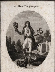 Allegorie der Zufriedenheit, dargestellt durch einen jungen Mann, der mit einer Hand einen goldenen Apfel und mit der anderen einen Blumenstrauß hält. Sie zeigen, dass alles, was ihn umgibt, an seiner Freude teilnimmt, die durch den Rubin auf seiner Brust 