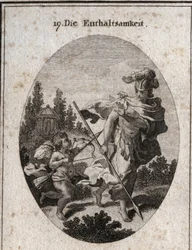 Allegorie der Enthaltsamkeit, heroische Tugend dargestellt als Kriegerin mit Helm und Speer, der zur Erde gerichtet ist. Sie vermeidet es, Leidenschaften (dargestellt durch die Liebe) zu bekämpfen und verteidigt sich gegen deren Reize, um ihre Keuschheit z