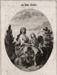 Allegorie der Güte, dargestellt durch eine edle und üppige Schönheit, die mit Liebe zum Himmel schaut. Der Pelikan symbolisiert Nächstenliebe, der Hund Treue und das Lamm Sanftmut. Gravur in „Iconologie oder Ideen aus dem Gebiete der Leidenschaften und All