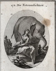 Allegorie der Dankbarkeit. Ihre Symbole sind der Storch, weil sie ihrem Vater im Alter denselben Dienst erweist, den sie in ihrer Jugend empfing, und der Elefant, weil er aus großer Dankbarkeit bereit ist, furchtlos sein Leben aufs Spiel zu setzen, indem