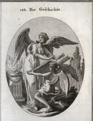 Allegorie der Geschichte. Ihre Handlungen des Zuhörens und Schreibens in einem großen Buch, das von der Zeit unterstützt wird, bedeuten die Handlung, informiert zu werden, um die Erinnerung an vergangene Dinge zu übertragen. Gravur in „Iconologie oder Idee
