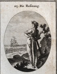 Allegorie der Hoffnung ruht auf einem Anker und beobachtet ein Schiff am Horizont. Gravur in „Iconologie oder Ideen aus dem Gebiete der Leidenschaften und Allegorien bildlich dargestellt für Zeichner, Maler, Dichter, Gelehrte, Erzieher und Freunde Höherer 