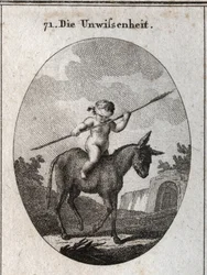 Allegorie der Unwissenheit, dargestellt durch ein Kind, das auf einem Esel reitet, seine Augen sind mit einem Schilfrohrstreifen verbunden (Symbol des leeren Gehirns). Gravur in "Iconologie oder Ideen aus dem Gebiete der Leidenschaften und Allegorien bildl