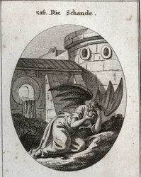 Allegorie der Schande, die das Gesicht mit den Händen bedeckt und deren Attribute zwei große schwarze Fledermausflügel sind. Gravur in „Iconologie oder Ideen aus dem Gebiete der Leidenschaften und Allegorien bildlich dargestellt für Zeichner, Maler, Dichte