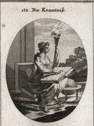 Allegorie des Wissens, basierend auf verschiedenen Bänden von Autoren mit einem Buch auf den Knien. Die Fackel verweist auf das Licht, das sie in die Seelen bringt. Gravur in „Iconologie oder Ideen aus dem Gebiete der Leidenschaften und Allegorien bildlich