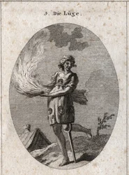 Die Allegorie der Lüge wird als hässlich, mit schlechtem Haar und schlechter Kleidung dargestellt. Ihre Kleidung ist mit Zungen und Masken bedeckt. Das brennende Stroh veranschaulicht die Substanzlosigkeit ihrer Worte und das Holzbein deren geringe