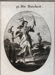 Allegorie des Wahnsinns. Der Bärenfellmantel begehrt den Wahnsinn, der Wut trägt, die Handlung des Tanzens betont diejenigen, die zur Fröhlichkeit neigen. Die Wetterfahne auf seinem Kopf markiert die Instabilität der Fantasien. Es kontrastiert das Licht ei