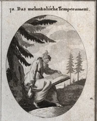 Allegorie des melancholischen Temperaments. Er hält ein Buch und eine Geldbörse und sein Mund ist mit einer Binde verschlossen. Ein Vogel sitzt auf seinem Kopf. Gravur in "Iconologie oder Ideen aus dem Gebiete der Leidenschaften und Allegorien bildlich dar