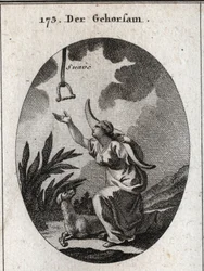 Allegorie des Gehorsams. Sie trägt ein Joch auf den Schultern und bewegt sich vorwärts, um eine Bremse zu empfangen, die aus dem offenen Himmel herabsteigt, in dem das Wort „sanft“ zu lesen ist. Der Hund ist ihr Attribut. Gravur in „Iconologie oder Ideen a