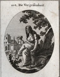 Allegorie des Vergessens. Sie hält eine Alraunpflanze, ein starkes Narkotikum. Der Luchs ist das dem Bacchus geweihte Tier. Gravur in "Iconologie oder Ideen aus dem Gebiete der Leidenschaften und Allegorien bildlich dargestellt für Zeichner, Maler, Dichter