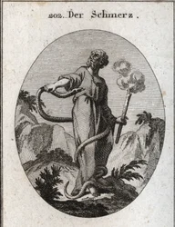 Allegorie des Schmerzes. Eine monströse Schlange umschlingt ihn, der, nachdem sie seine Füße gebunden hat, seinen Körper erklimmt und versucht, sein Herz zu beißen. Sie hält eine Fackel, die noch raucht, was bedeutet, dass der durch Schmerz verursachte Nie