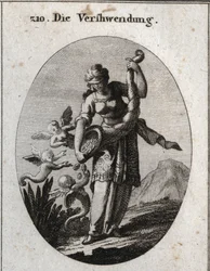 Allegorie der Verschwendung. Sie ist mit einer Augenbinde dargestellt und schüttelt ein Füllhorn, aus dem Silber und Schmuck fallen, die Harpyien gierig an sich reißen. Gravur in „Iconologie oder Ideen aus dem Gebiete der Leidenschaften und Allegorien bild
