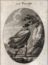 Allegorie der Vorsehung. Ausdruck: Wenn das Wetter schön ist, nimm deinen Mantel, wenn es regnet, nimm ihn, wenn du willst. Gravur in „Iconologie oder Ideen aus dem Gebiete der Leidenschaften und Allegorien bildlich dargestellt für Zeichner, Maler, Dichter