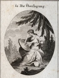Allegorie der Reflexion. Ein Lichtstrahl geht von ihrem Herzen aus, trifft auf den Spiegel auf ihren Knien und reflektiert das Licht auf ihre Stirn. Gravur in „Iconologie oder Ideen aus dem Gebiete der Leidenschaften und Allegorien bildlich dargestellt für