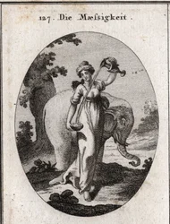 Allegorie der Mäßigung. Ihre Attribute sind miteinander vermischtes Wasser und Wein sowie der Elefant, ein Tier, das stets die gleiche Menge Nahrung ohne Übermaß frisst. Stich in „Iconologie oder Ideen aus dem Gebiete der Leidenschaften und Allegorien