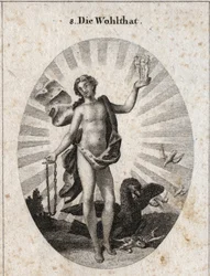 Allegorie des Segens, dargestellt von einem schönen jungen Mann mit lachendem Gesicht. Sein Gewand ist mit Sternen übersät und von Lichtstrahlen umgeben, mit einer Hand hält er die Gnaden und in der anderen eine Goldkette. Der Adler in seiner Nähe teilt se