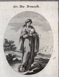 Allegorie der Demut. Unter ihrem Fuß eine Krone aus Gold, bereichert mit Edelsteinen. Sie verachtet eine Kugel, die die Erde darstellt, deren Größe sie nicht beeindruckt.