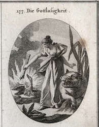Allegorie der Gottlosigkeit, die eine Fackel hält, mit der sie einen Pelikan in seinem Nest mit seinen Jungen verbrennt. Ihr Attribut ist das Nilpferd. Gravur in „Iconologie oder Ideen aus dem Gebiete der Leidenschaften und Allegorien bildlich dargestellt 