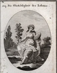 Allegorie des Wohlstands des Lebens. Reich gekleidet und mit Trauben und Attributen von Reichtum und Überfluss gekrönt. Der mit Blättern und Früchten gefüllte Eichenast bedeutet Gesundheit, aber auch Festigkeit und Unverderblichkeit. Gravur in „Iconologie 