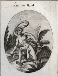 Allegorie der Qual. Ihr Kopf ist von Dornen umgeben, was die Qualen des Geistes bedeutet. Die Schlange sagt, dass die Angst vor der Gefahr sie noch furchterregender macht. Ein Geier frisst ihr Herz. Gravur in „Iconologie oder Ideen aus dem Gebiete der Leid
