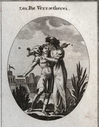 Allegorie des Verrats. Eine schreckliche alte Frau streichelt einen hübschen jungen Mann und bereitet sich gleichzeitig darauf vor, ihn zu erstechen. Gravur in „Iconologie oder Ideen aus dem Gebiete der Leidenschaften und Allegorien bildlich dargestellt fü