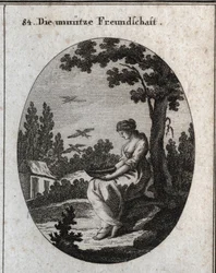 Allegorie der nutzlosen Freundschaften, die ein Nest hält, das Schwalben das Wegfliegen ermöglicht. Gravur in „Iconologie oder Ideen aus dem Gebiete der Leidenschaften und Allegorien bildlich dargestellt für Zeichner, Maler, Dichter, Gelehrte, Erzieher und