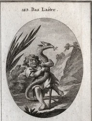 Allegorie des Lasters, dargestellt durch einen Zwerg, der eine Hydra erdrückt.
