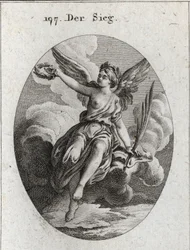 Allegorie des Sieges. Sie hat Flügel und hält eine Palme und einen Lorbeerkranz. Gravur in „Iconologie oder Ideen aus dem Gebiete der Leidenschaften und Allegorien bildlich dargestellt für Zeichner, Maler, Dichter, Gelehrte, Erzieher und Freunde Höherer Ge