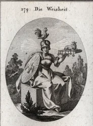 Allegorie der Weisheit. Seine Kleidung und seine weißen Waffen definieren seine Stärke und Reinheit. Der Hahn auf seinem Helm ist das Symbol seiner Intelligenz und Wachsamkeit. Die Lichtstrahlen, die aus seinen Schläfen kommen, bedeuten Würde und Heiligkei
