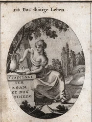 Allegorie des Arbeitslebens, im Schatten einer Weinrebe sitzend. Sie wird dargestellt, wie sie sich darauf vorbereitet, an einem Teich zu essen, und mit ihrem Fuß ein Kind wiegt. Pfluggeräte liegen neben ihr. Kupferstich in „Iconologie oder Ideen aus dem