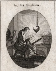 Allegorie des Schreibens an einem von Licht erleuchteten Schreibtisch. Der Hahn ist das Attribut der Wachsamkeit. Gravur in „Iconologie oder Ideen aus dem Gebiete der Leidenschaften und Allegorien bildlich dargestellt für Zeichner, Maler, Dichter, Gelehrte