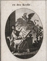 Allegorie des Kredits, die ein Buch mit der Inschrift "Solutus omni foenore" (Frei von jeglichem Gewinn) hält. Im Hintergrund ein Greif als Symbol für den Schutz und die Bewahrung der Schätze. Kupferstich in "Iconologie oder Ideen aus dem Gebiete der