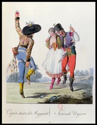Ungarische Tänzer in traditioneller Kleidung, Illustration aus einem Buch Costumes de Pannonie von J.H. de Bikkesy, veröffentlicht in Wien, 1810