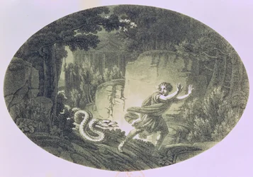 Tamino, von einer riesigen Schlange verfolgt, 1. Akt, 1. Szene aus „Die Zauberflöte“ von Wolfgang Amadeus Mozart (1756-91)