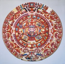 Präkolumbianische Zivilisation: Der Aztekenkalender (Stein der Sonne): Scheibe, die den Aztekenkalender und die Kosmogonie darstellt (Tonalpohualli)