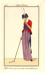 Frau in einem gestreiften Batistkleid und einer Weste aus weichem Ripsseidenstoff oder Faille, Hut mit Kokarde. Sie schreibt mit ihrem Spazierstock das Wort Liebe in den Sand. Handkolorierte Pochoir-Radierung nach einer Illustration von B. Berty