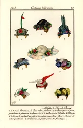 Hutdesigns für Frauen von der Modistin Marcelle Demay. Modeles de Marcelle Demay. Handkolorierte Pochoir-Radierung nach einer Illustration von B. Berty aus Tommaso Antonginis Journal des Dames et des Modes, Aux Bureaux du Journal des Dames, Paris