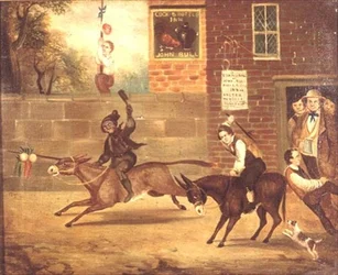 Ein Eselrennen vor dem Gasthaus „Hahn und Flasche“