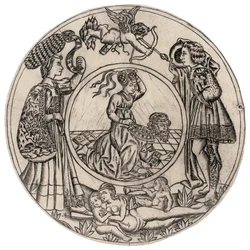 Aristoteles und Phyllis, umgeben von einem jungen Mann und einer Frau mit Eros, und eine liegende nackte Frau mit zwei Kindern, zweite Hälfte des 15. Jahrhunderts
