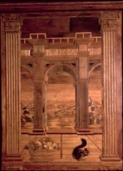 Das Arbeitszimmer von Federigo da Montefeltro, Herzog von Urbino: Intarsienpaneele, die eine weite Landschaft durch die Bögen einer Arkadenterrasse zeigen, entworfen von Baccio Pontelli