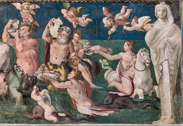 Triumph der Venus, Meereslandschaft mit Delfinen und Cupidos