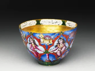 Gedeckter Schüssel, Untertasse und Löffel mit astrologischer Dekoration, frühes 19. Jahrhundert